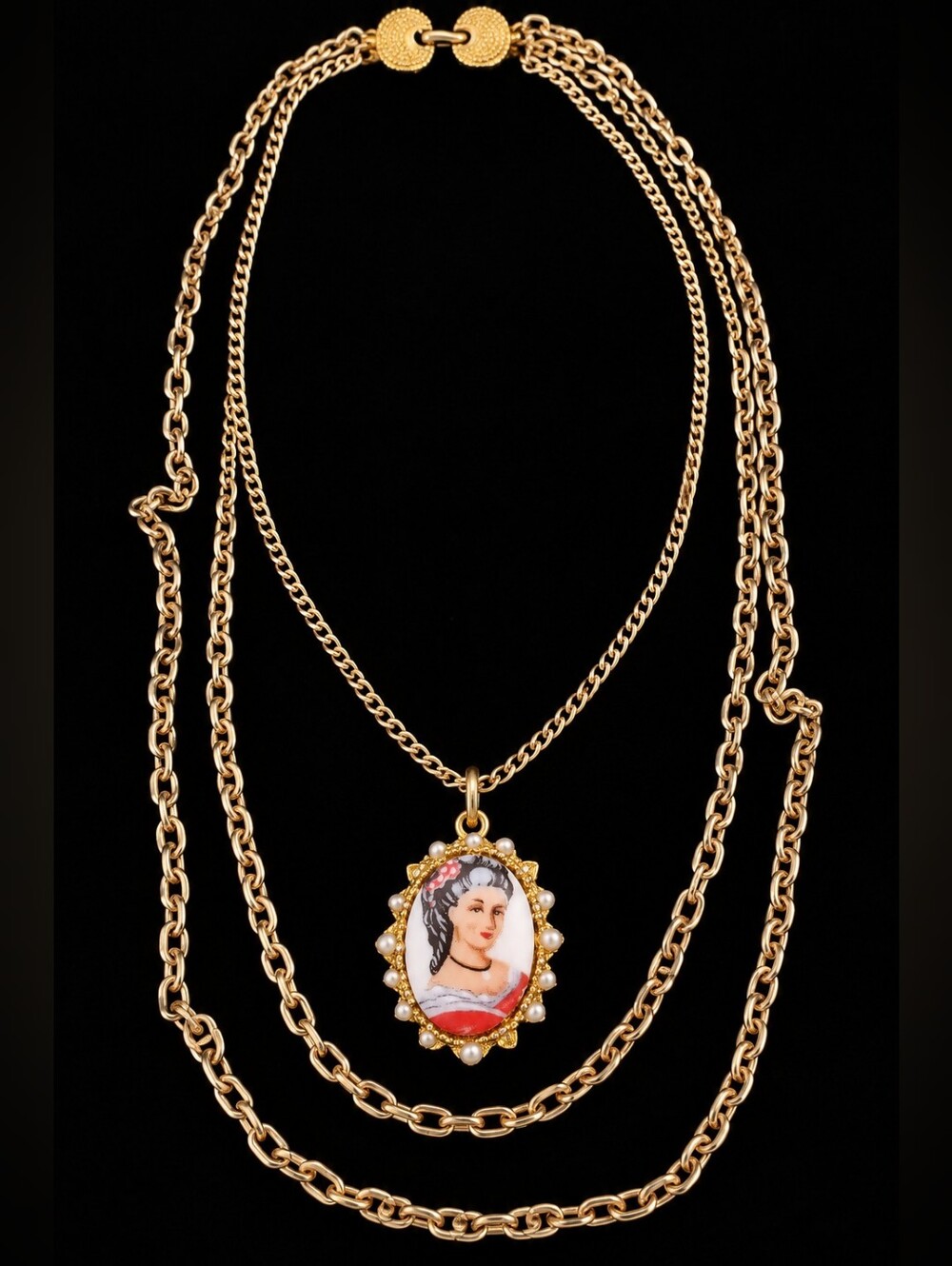 Vintage Limoges Style Portrait Cameo Multi Chain Pearl Pendant Necklace